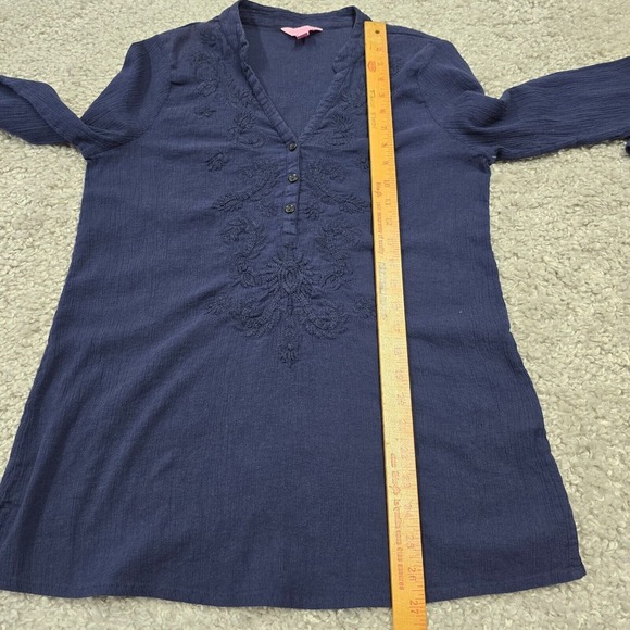 Lilly Pulitzer Shirt Womens Medium Blue Long Sleeve Tunic Embroidered Gauzy - Picture 10 of 12